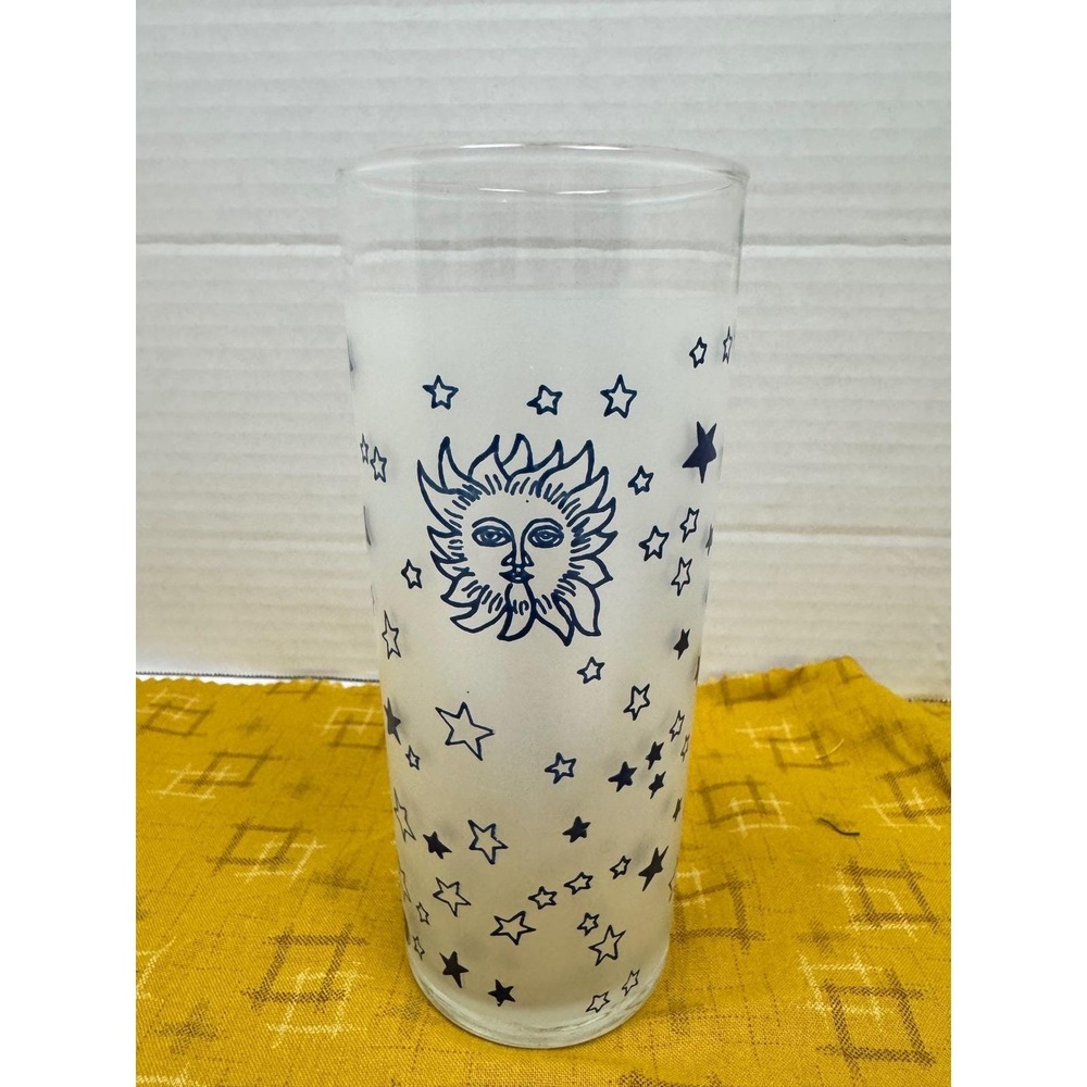 Vintage 90's Frosted Celestial Highball Glass Blue Sun‎ Moon Stars Tumbler